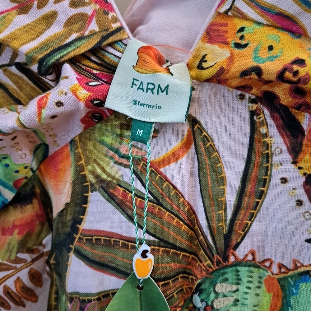 Farm Rio Maxi Dress Pink Tropical Bird Leopard Ruffle Sleeve V Neck M - Picture 14 of 14